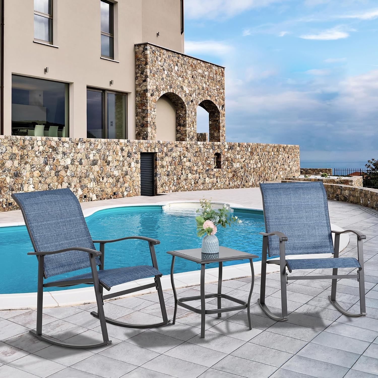 3 Piece Outdoor Rocking Bistro Set Textilene Fabric Small Patio Furniture Set