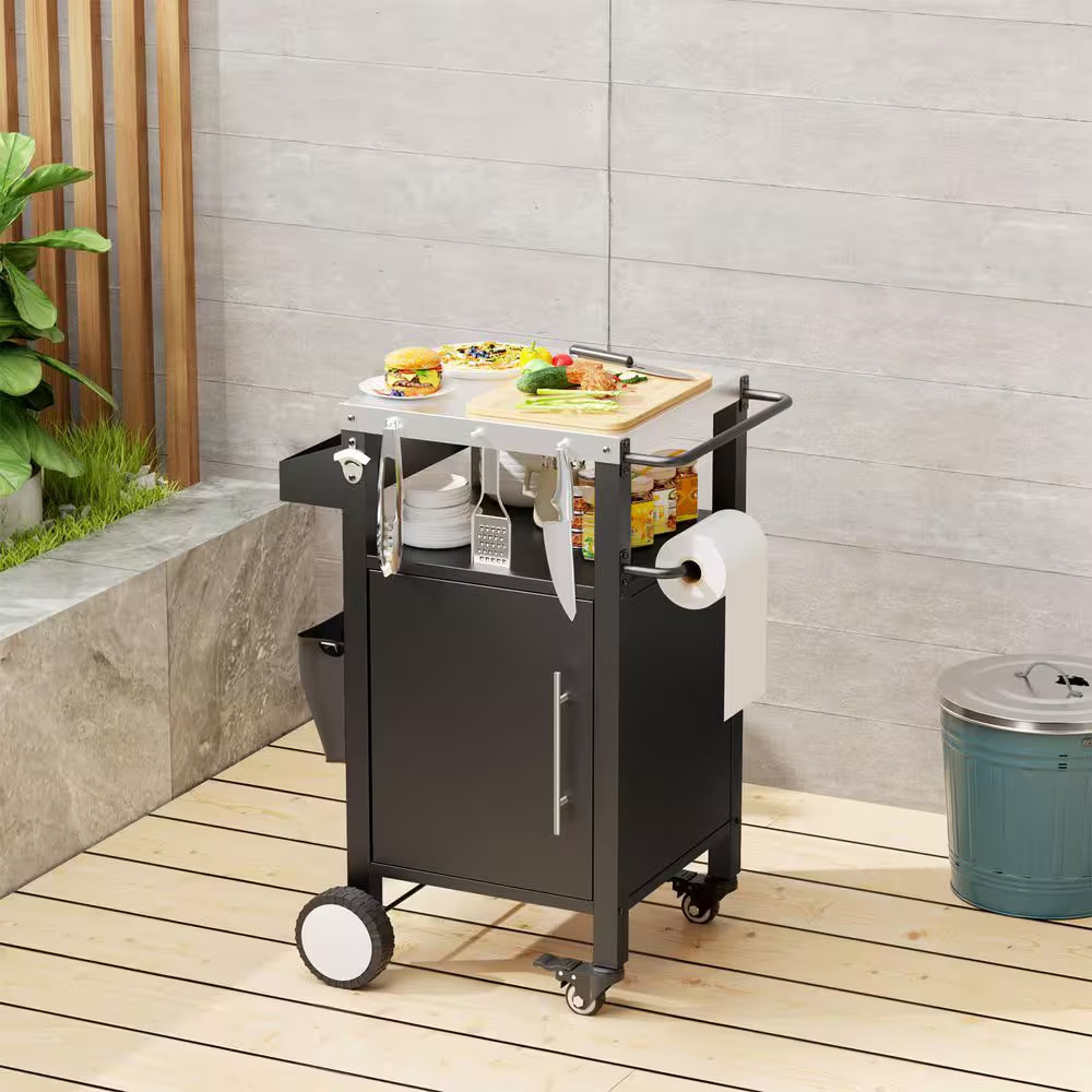Black Outdoor Grill Patio Serving Cart with Patio Furniture Storage Hooks and Sp