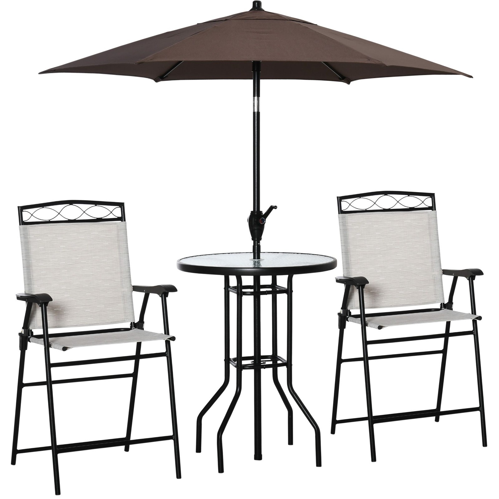 Bar Height Patio Set: 2 Fold Chairs, 27.5″ Dia Glass Table, Tilting Umbrella