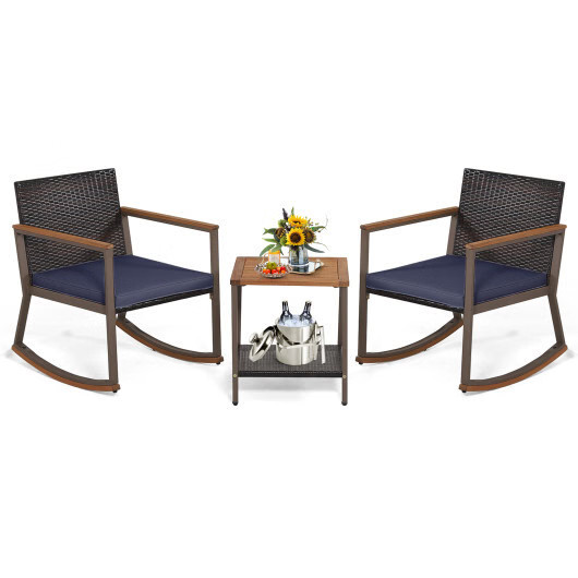3 Pieces Rattan Rocking Bistro Set with Coffee Table and Cushions-Navy – Color: