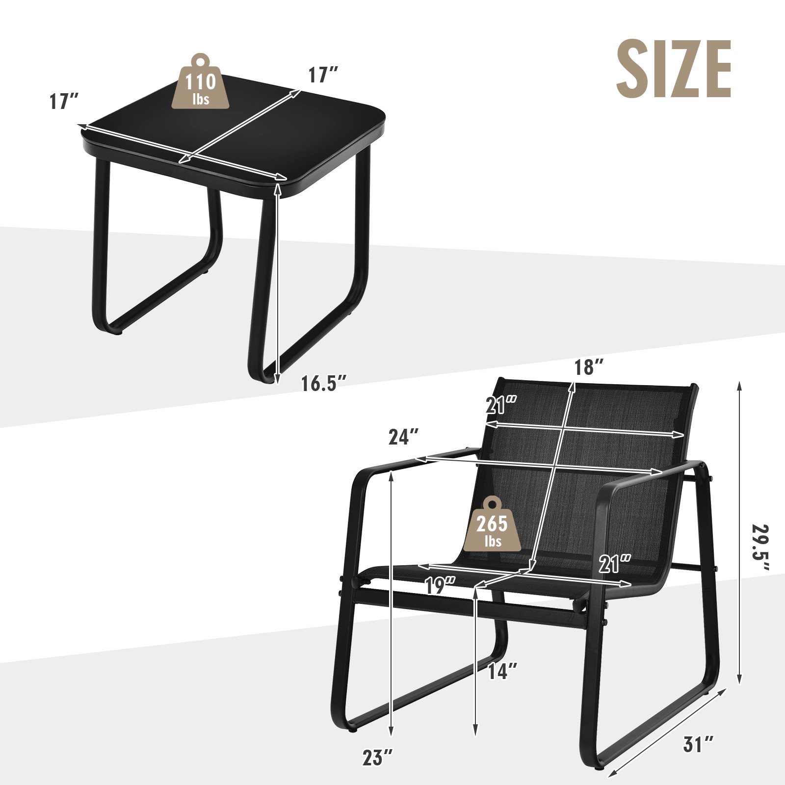 Patiojoy Patio 3PCS Bistro Furniture Set Glass Top Table Garden Deck Black