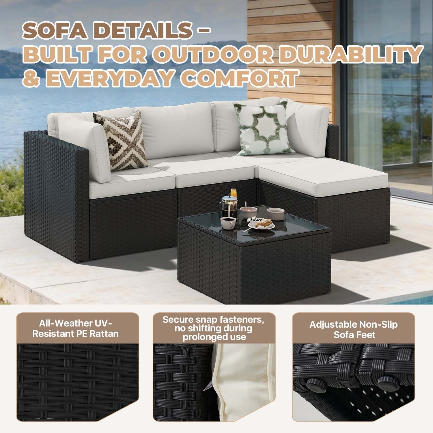 3-Piece Black Rattan Conversation Set Sofa Ottoman Table Cream White