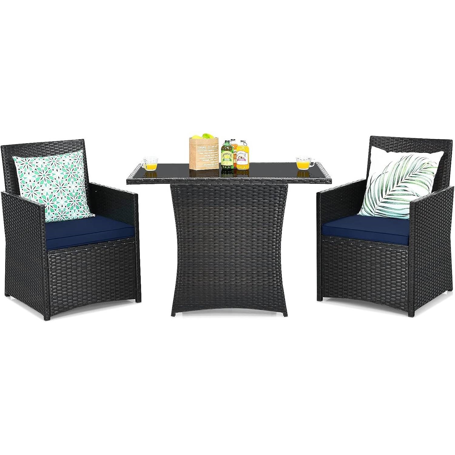 Outdoor Patio Dining Set 3 Piece Brown PE Rattan Navy Blue Cushions