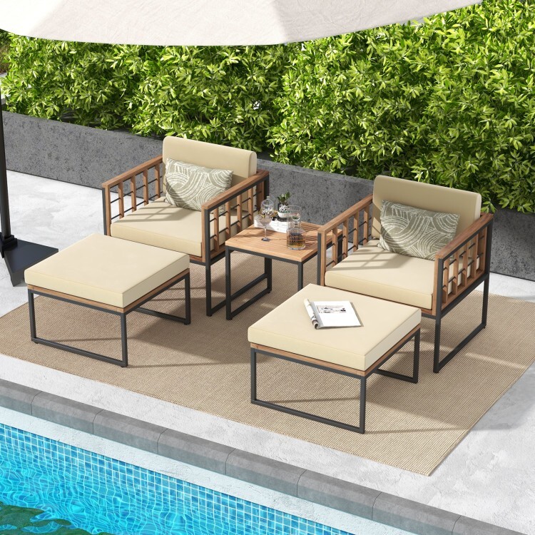 5 Pcs Outdoor Garden Acacia Wood Furniture Set w/ 2 Chair Coffee Table 2 Ottoman