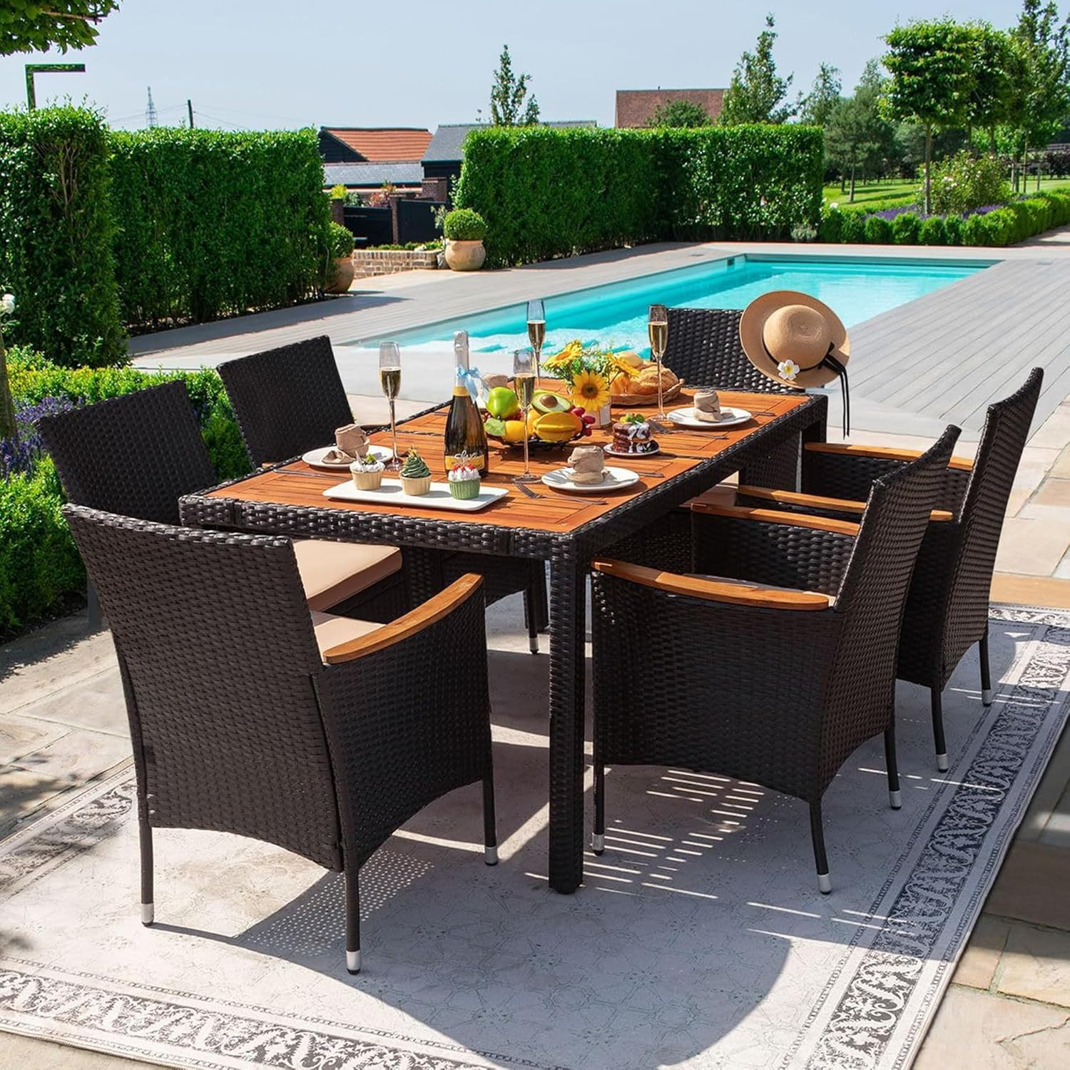 Devoko Dining 7 PCS Furniture, Patio Conversation Set with Acacia Wood Table Top