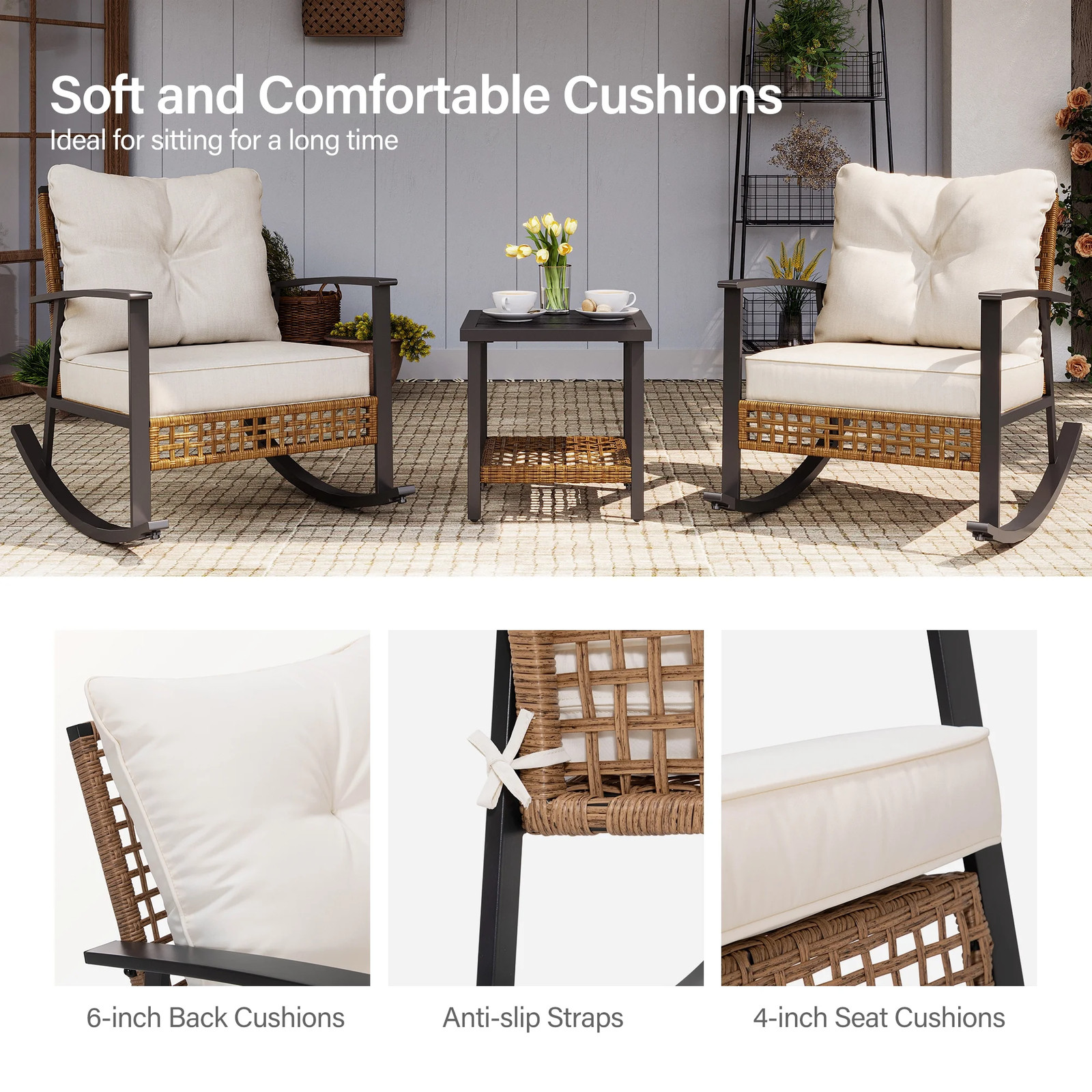 LAUSAINT HOME 3PC Patio Conversation Set Wicker Rocking Chairs 2-Tier Table Beig