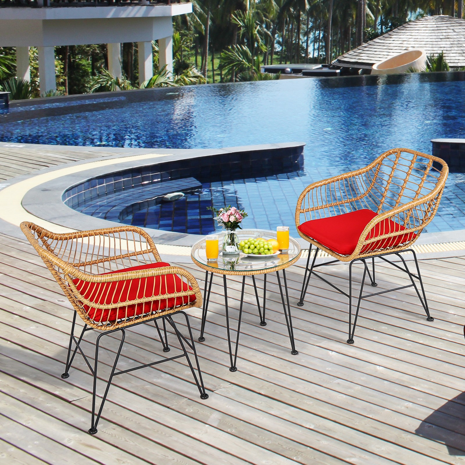 Patiojoy 3PCS Patio Rattan Bistro Furniture Set Cushioned Chair Table Red