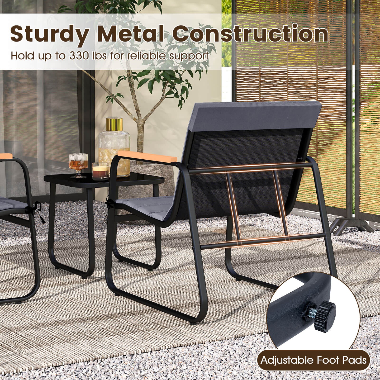 3PCS Patio Bistro Set w/Cushions & Tempered Glass Coffee Table for Lawn, Balcony