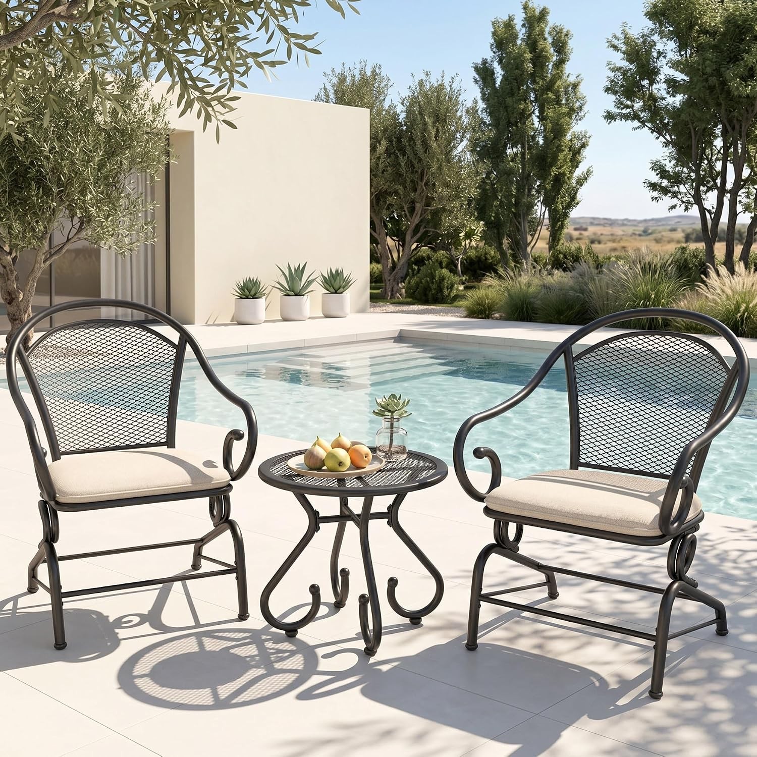 3pc Metal Mesh Outdoor Bistro Set Rocking Chairs & Coffee Table Patio Rocking