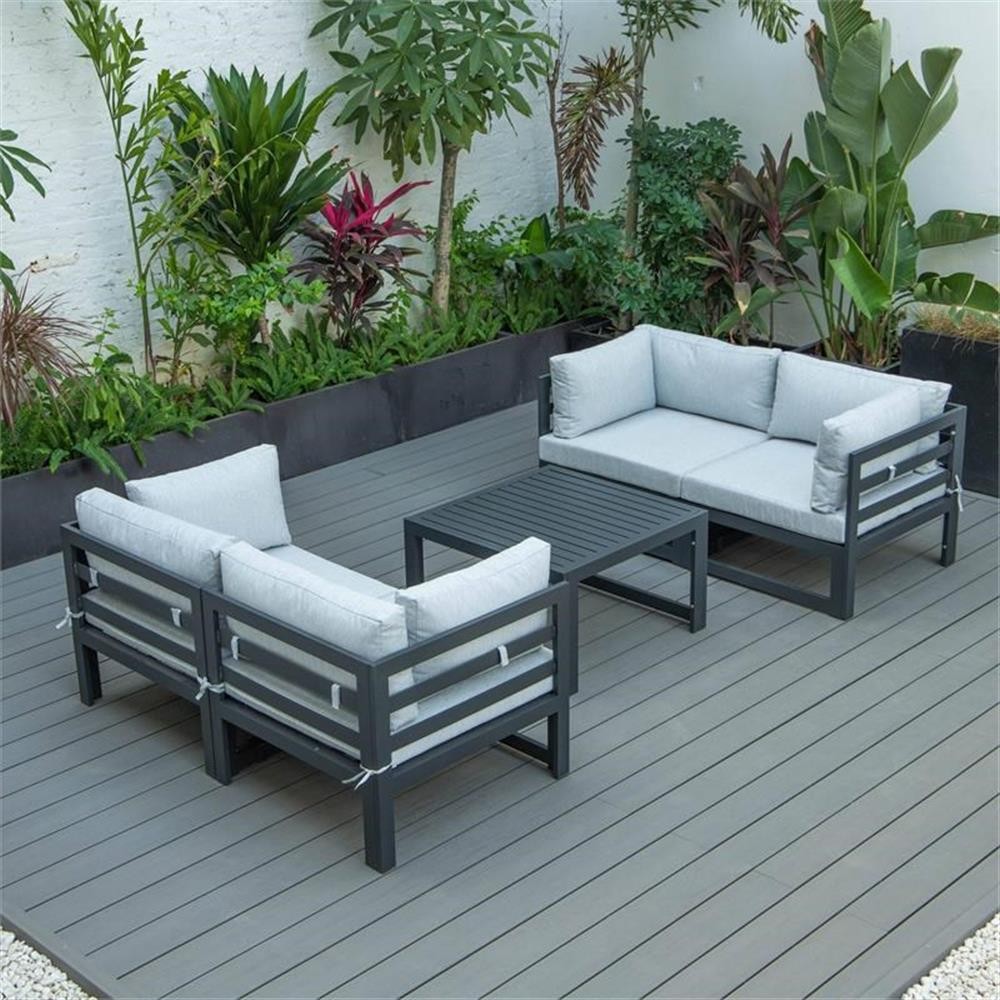 LeisureMod Chelsea 5-Pc Loveseats and Coffee Table Set with Light Grey Cushions