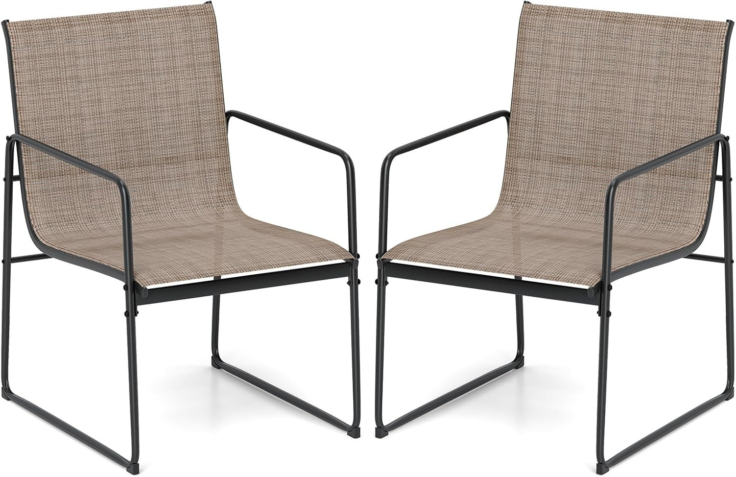Set of 2 Brown Outdoor Dining Chairs with Breathable Fabric & Metal Frame