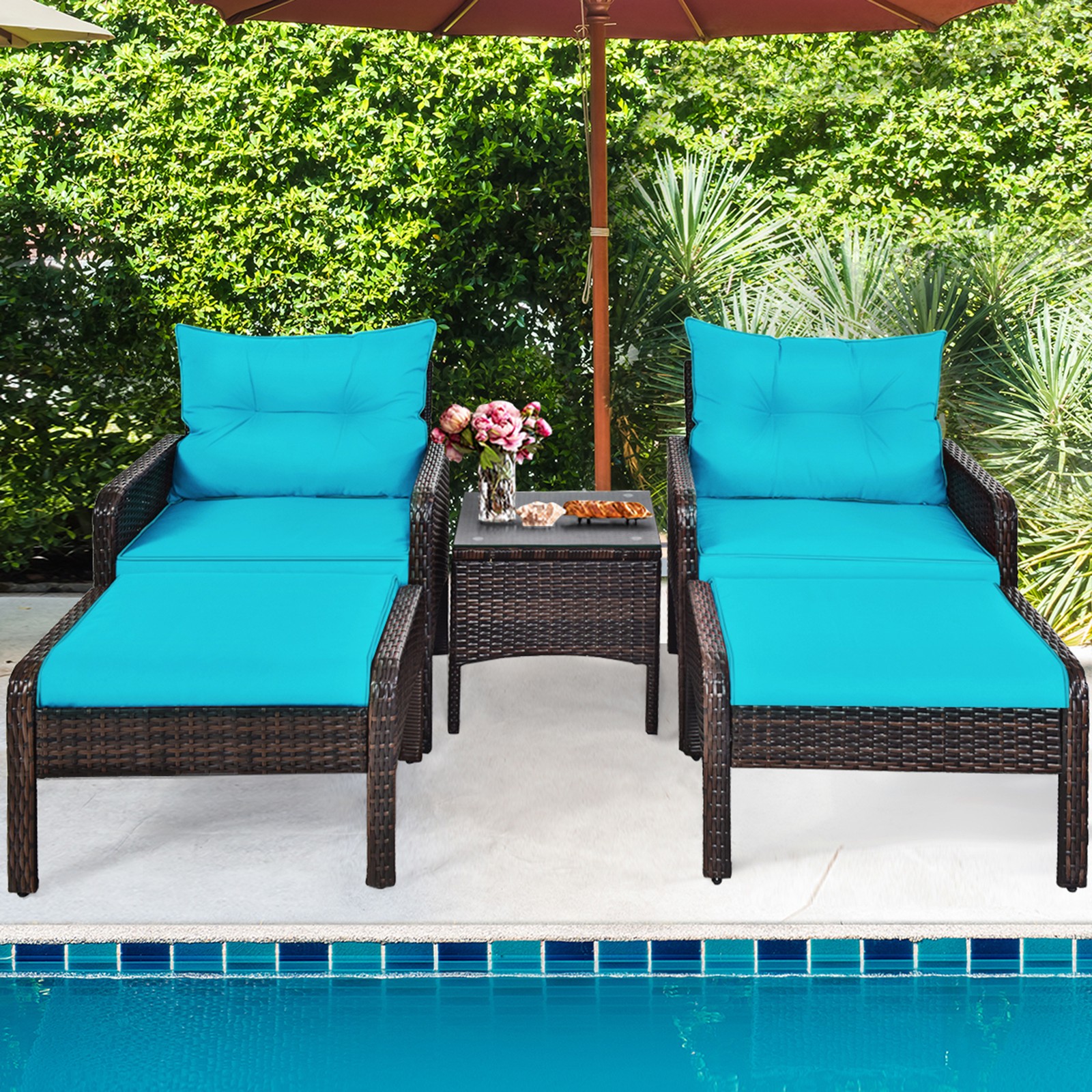 5PCS Patio Set Sectional Rattan Wicker Furniture Set w/ Turquoise Cushion