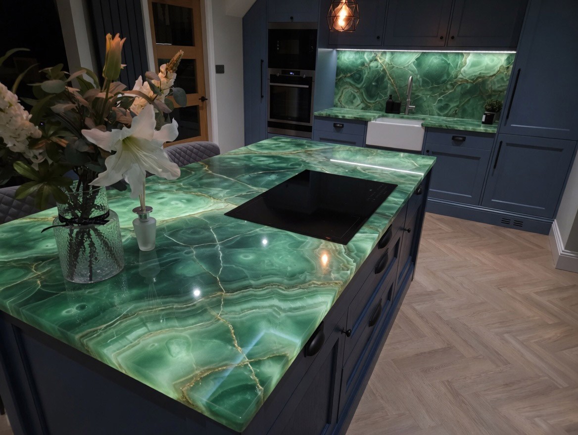 Green Onyx Countertops – Exotic Translucent Stone Kitchen Surface for Luxury Top