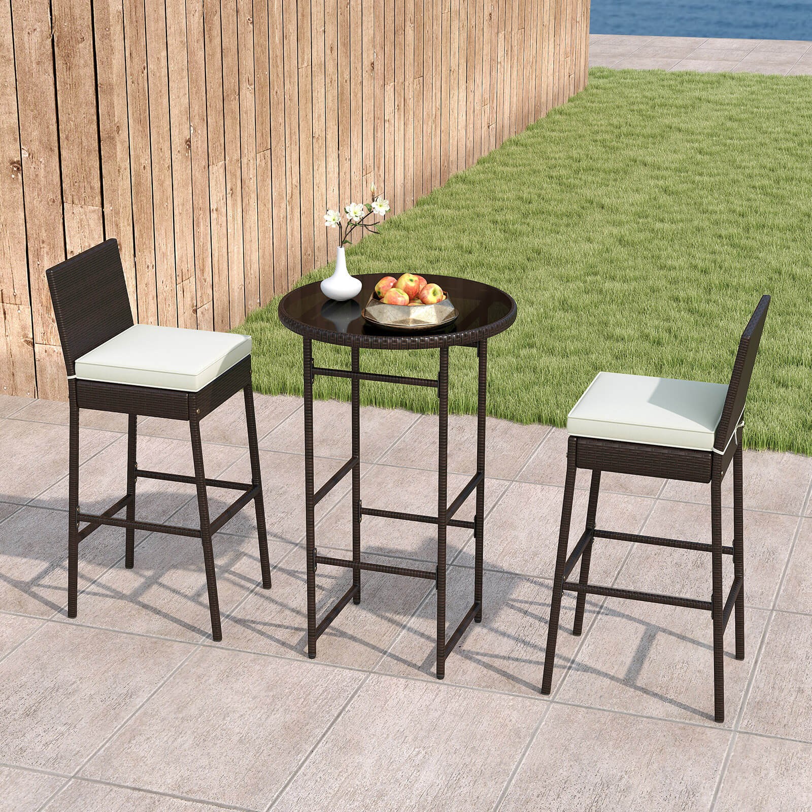 3 Piece Outdoor Bar Set Patio Rattan Bar Height Table & Chairs w/ Glass Tabletop