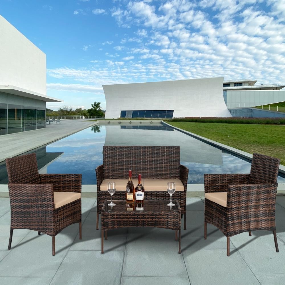 4 Pieces Outdoor Patio Rattan Wicker Table Sofa Furniture Set w/ Cushion
