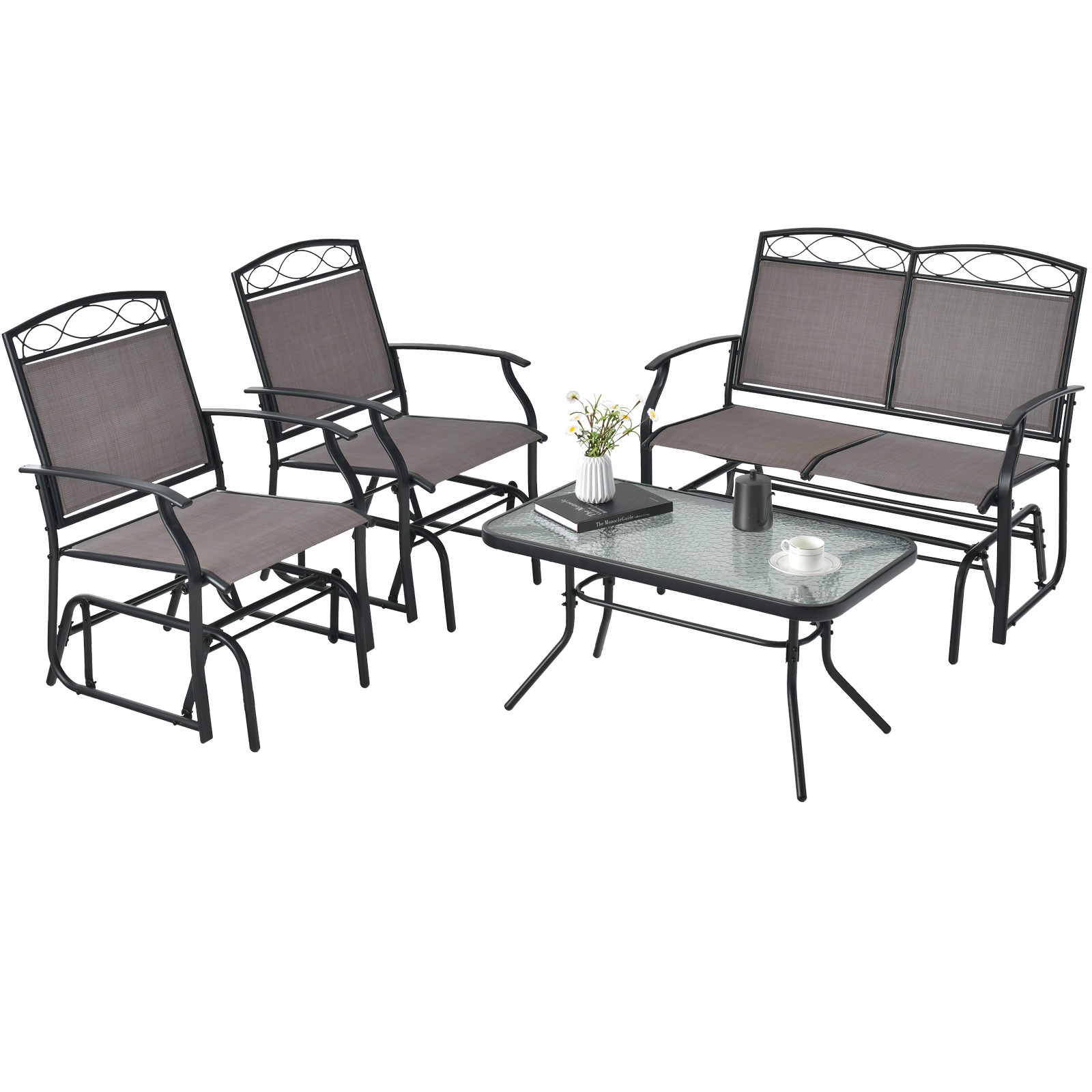 4pcs Patio Glider Conversation Set Swing Rocking Chair Table Heavy-Duty Outdoor