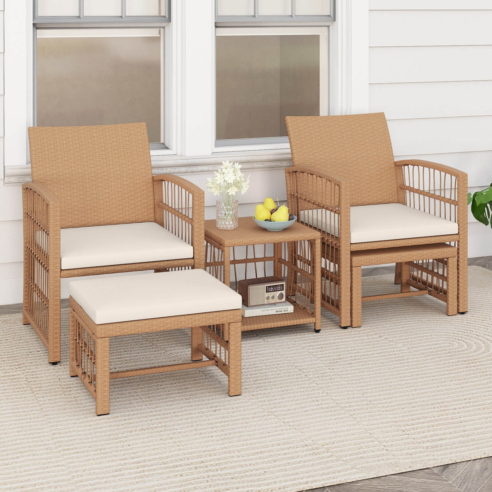 5PCS Patio Conversation Set PE Rattan Balcony Furniture Set with Cushions