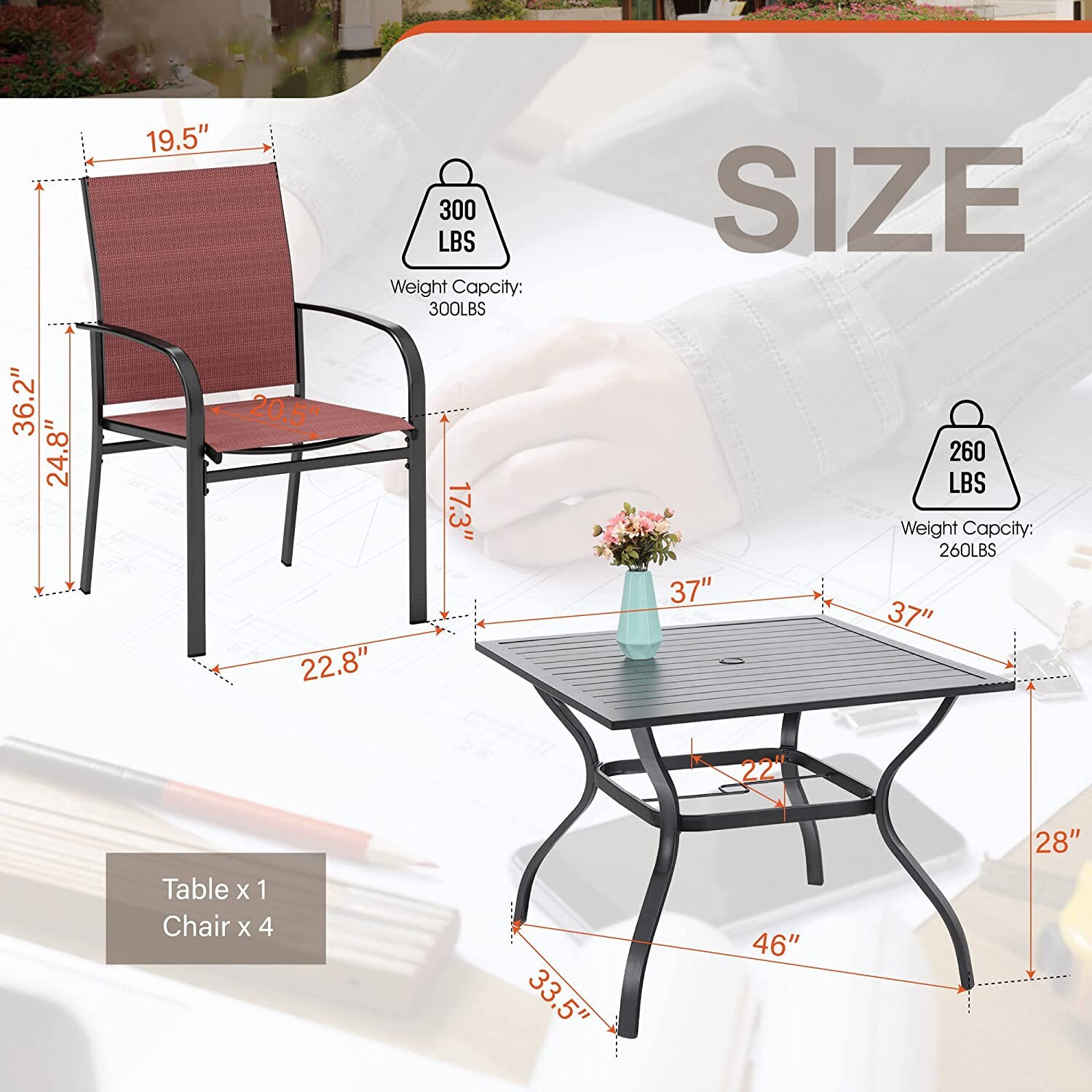 5 Piece Patio Furniture Set Outdoor Dining Set with 4 Chairs Square Table Red