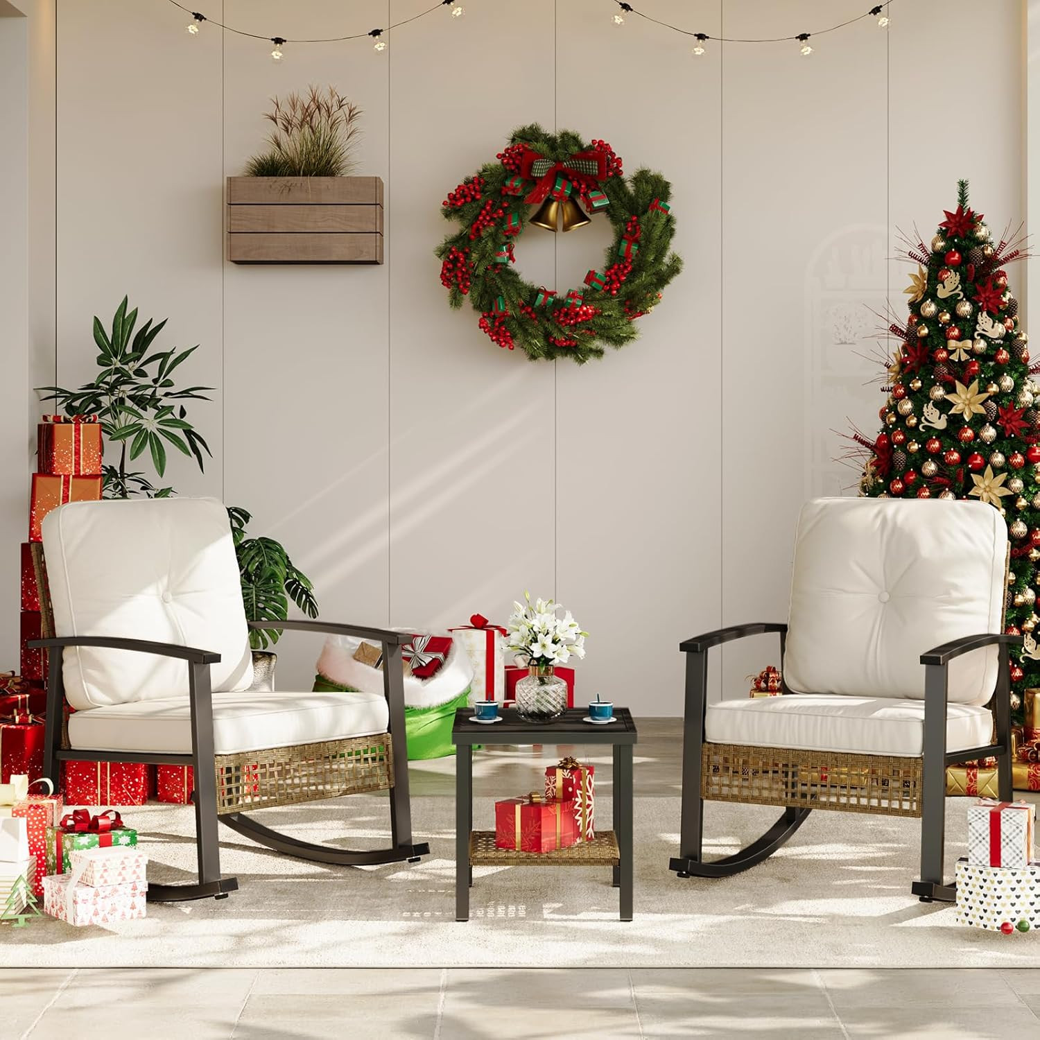 Aoxun 3-Piece Outdoor Rocking Bistro Set, Patio Furniture Set with Coffee Table