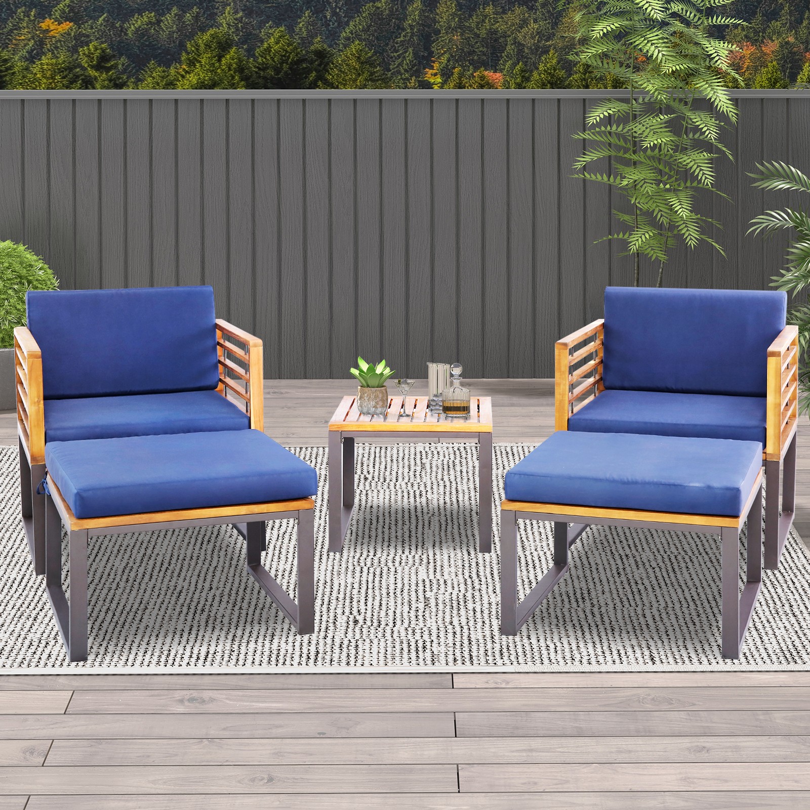 5pcs Patio Acacia Wood Cushioned Chair Ottoman Table Furniture Set Outdoor Navy