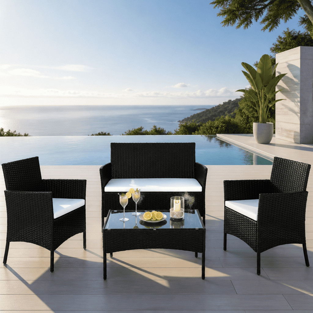 4 Pcs Rattan Patio Furniture Set Wicker Sofa Loveseat Chairs Coffee Table Black