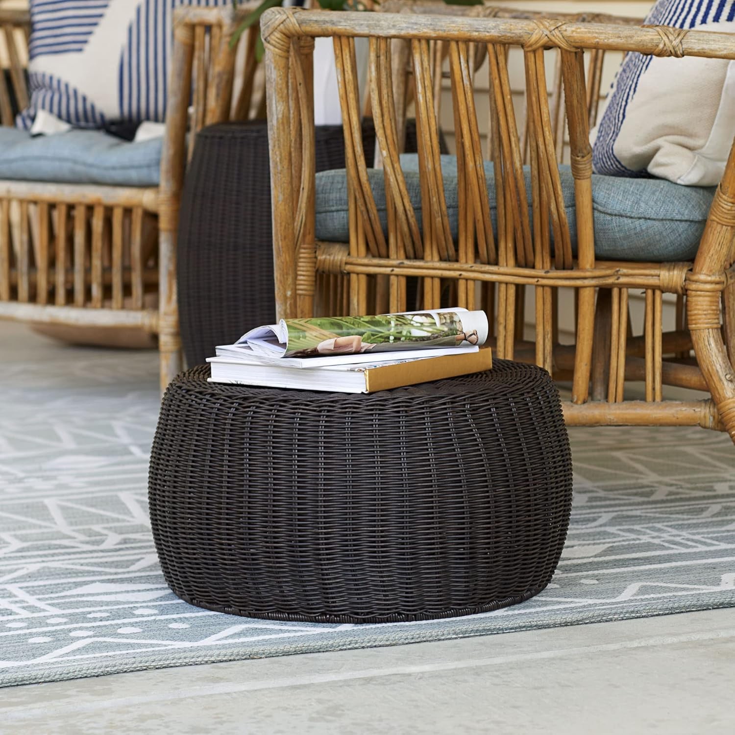 Household Essentials Handwoven Resin Storage Stool 16″D x 16″W x 9″H, Brown