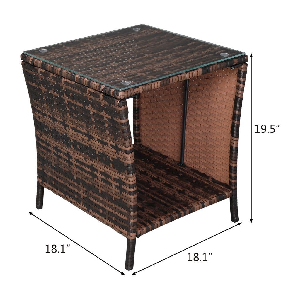 Yard Wicker Rattan Side End Tea Table with Glass Patio Furniture Outdoor Storage