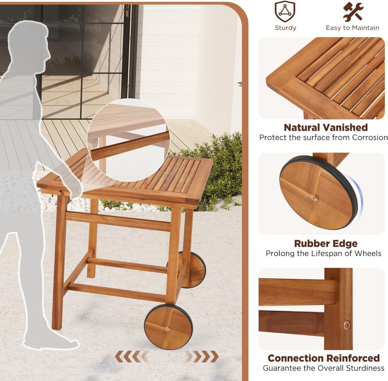 Outdoor Patio Dining Set, Acacia Wood Outdoor Table and Chairs with Wheels