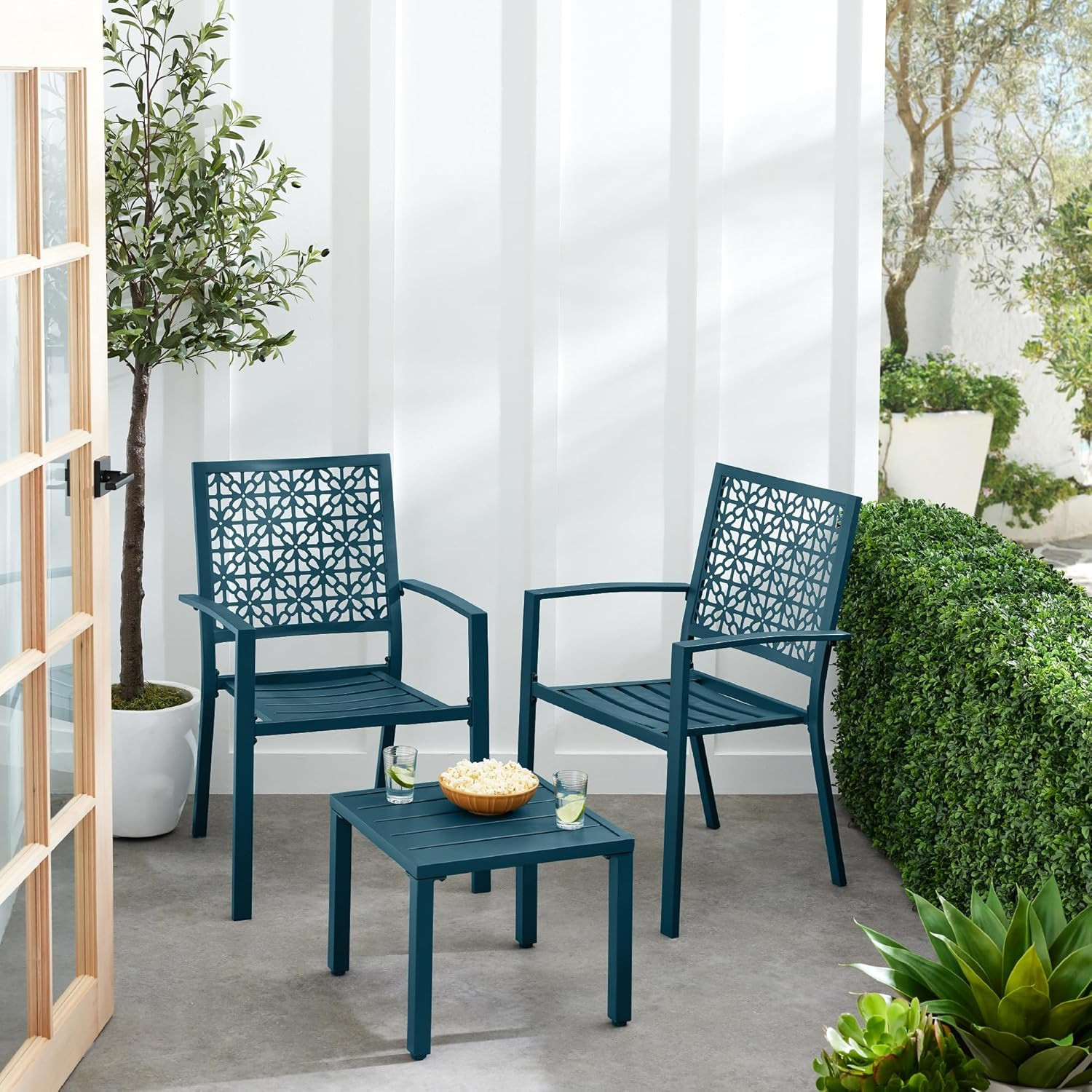 Peacock Blue 3-Piece Outdoor Bistro Set – Modern Stackable Steel Furniture