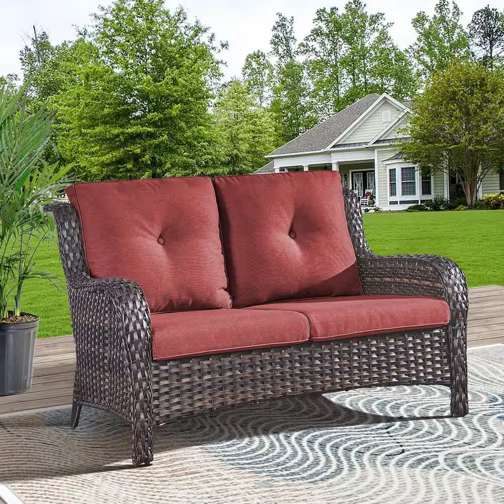 Carolina Brown 1-Piece Wicker Outdoor Loveseat with Thick Red Cushions