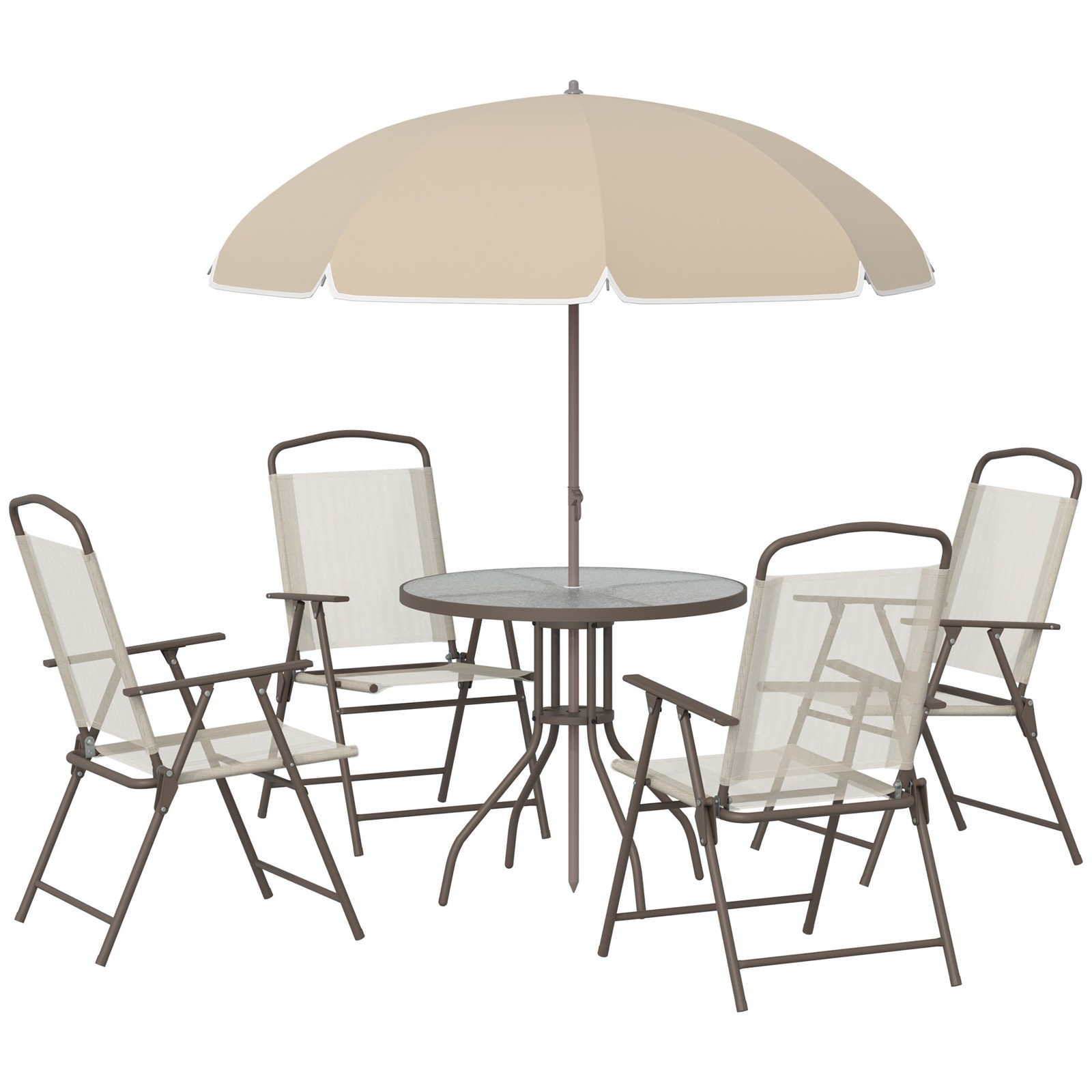 6 Piece Patio Dining Set with Umbrella, 4 Folding Chairs & Glass Table, Beige