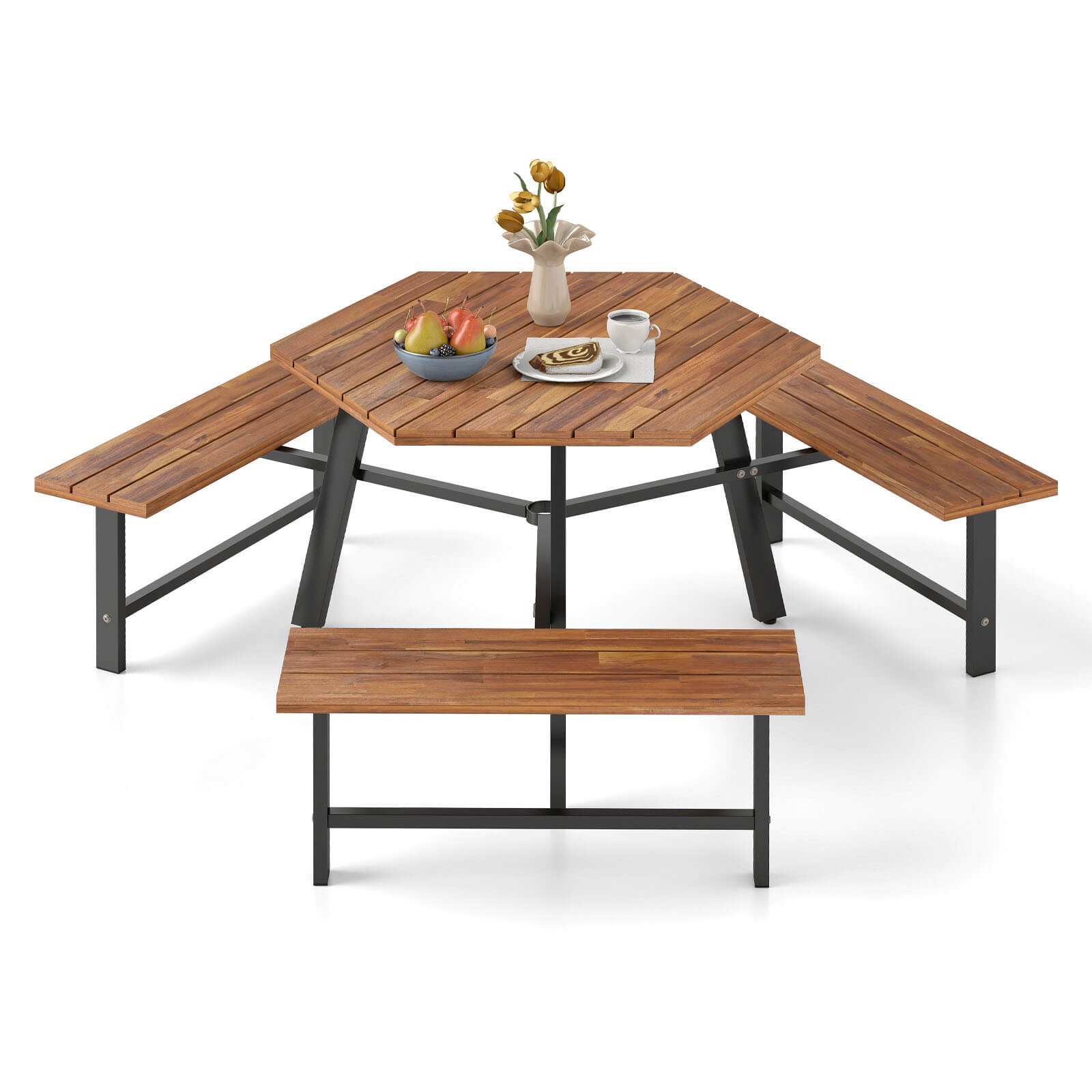 6 Person Acacia Wood Picnic Table Bench Set w/3 Seats Umbrella Hole Metal Frame