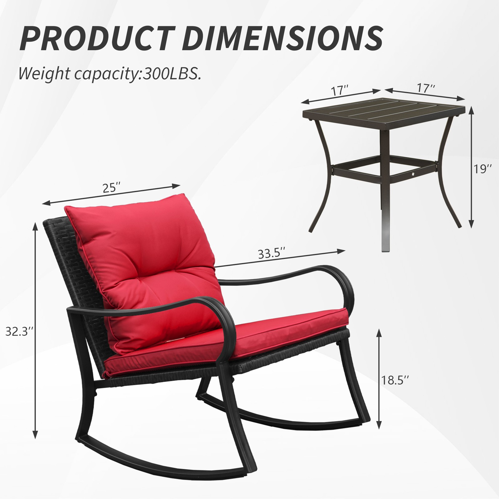 2-Person Outdoor Patio Rocking Chair Set with Cushions & Table