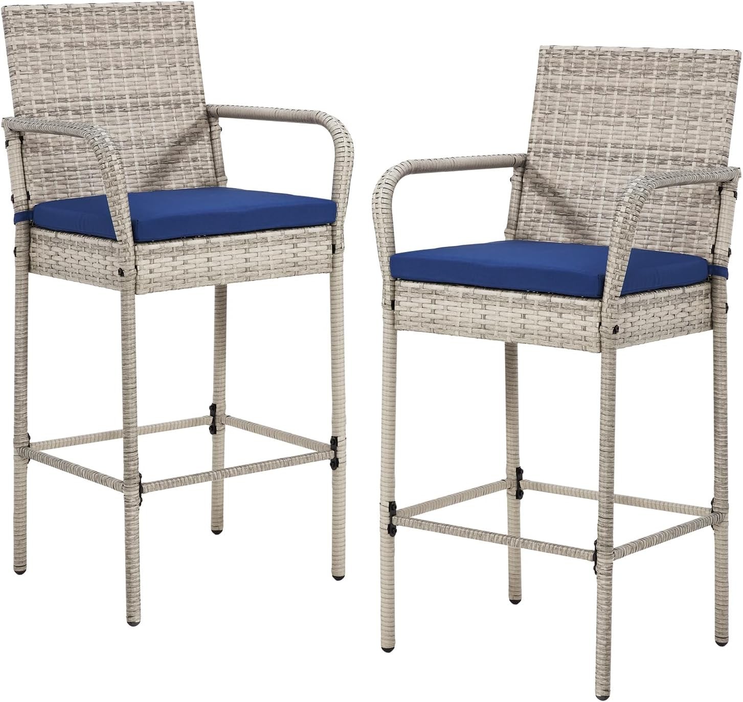 2 Pc All-Weather Wicker Bar Stools Outdoor with Armrest & Cushion Counter Height