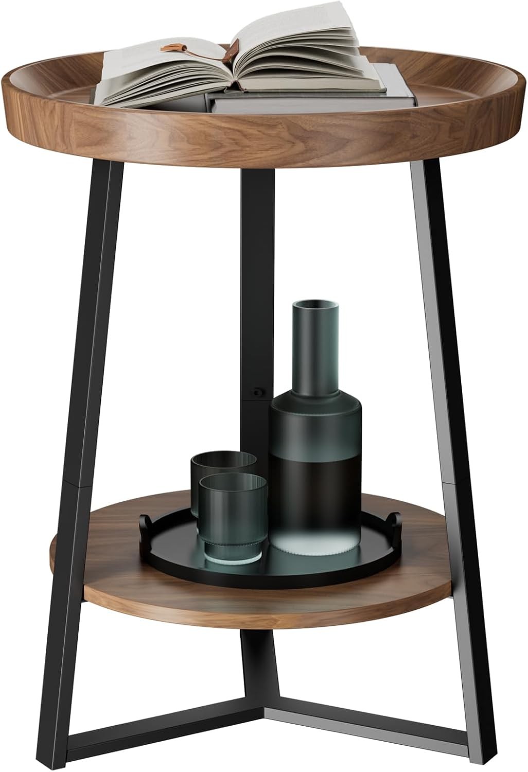 Round End Table with Stora Shelf, 2 Tier Farmhouse Side Table