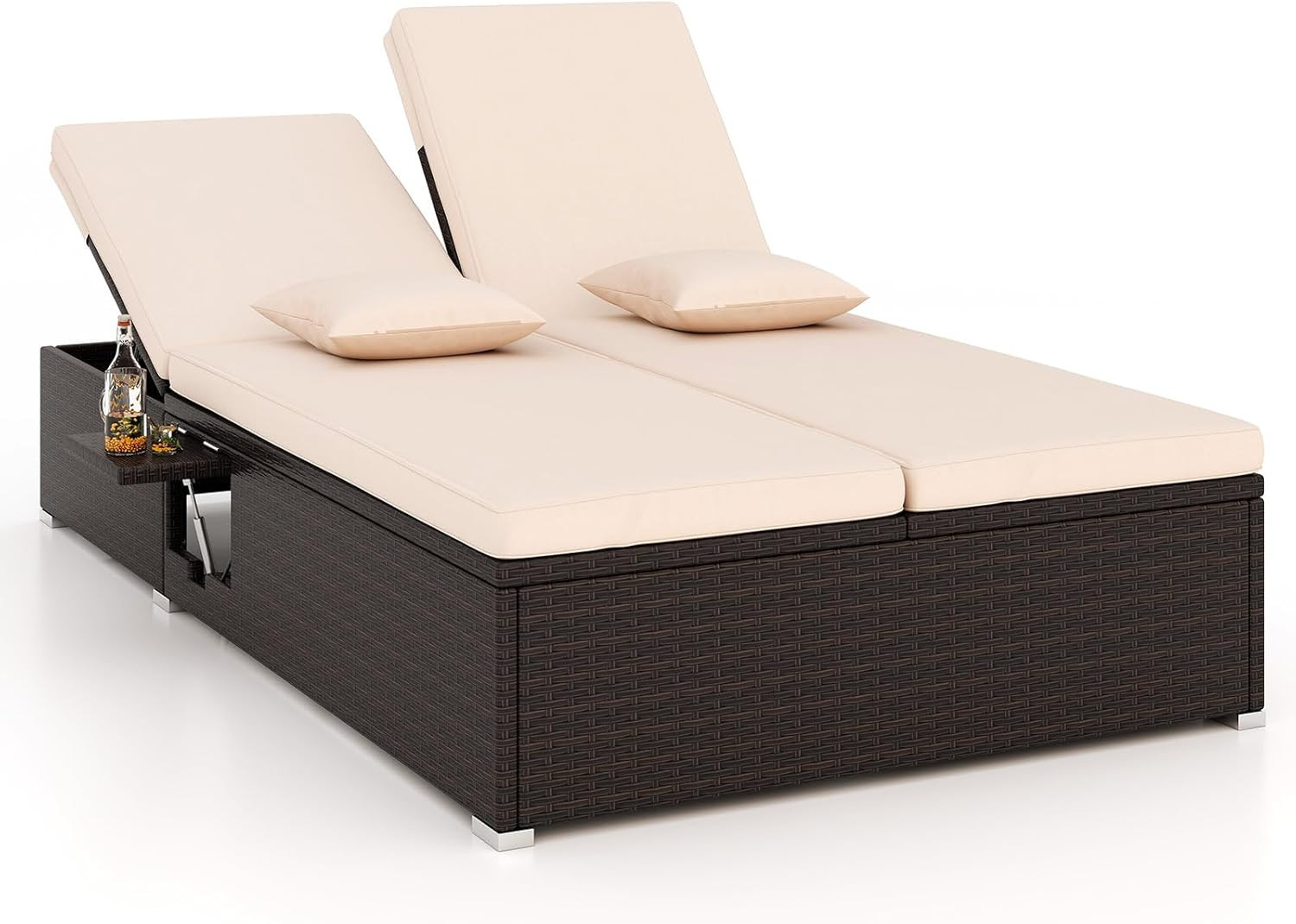 Adjustable Outdoor Rattan Daybed with Cushions & Side Trays for 2 People