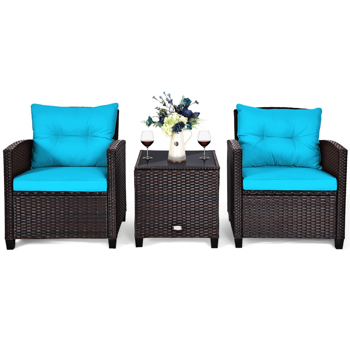 3PCS Patio Rattan Furniture Set Cushioned Conversation Set Sofa Turquoise