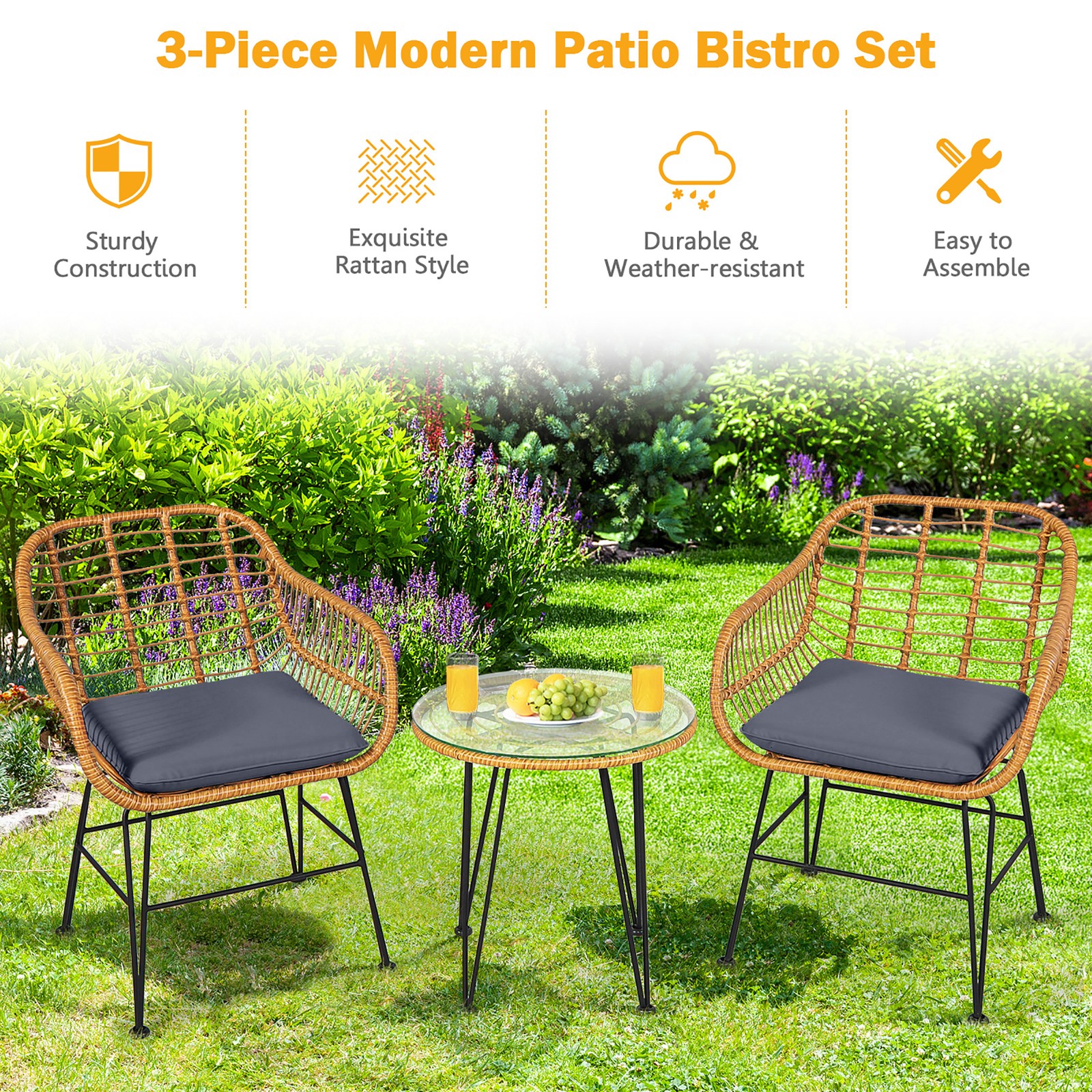 3PCS Rattan Patio Bistro Set Conversation Furniture Set w/ Grey Cushions