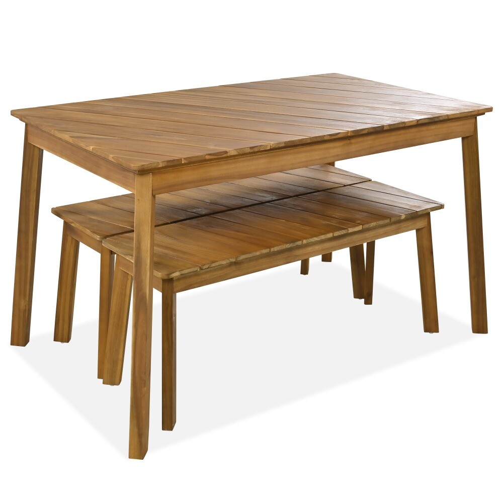 Wood Table Bench Dining Set For Outdoor/Indoor Furniture W/ 2 Benches for Patio