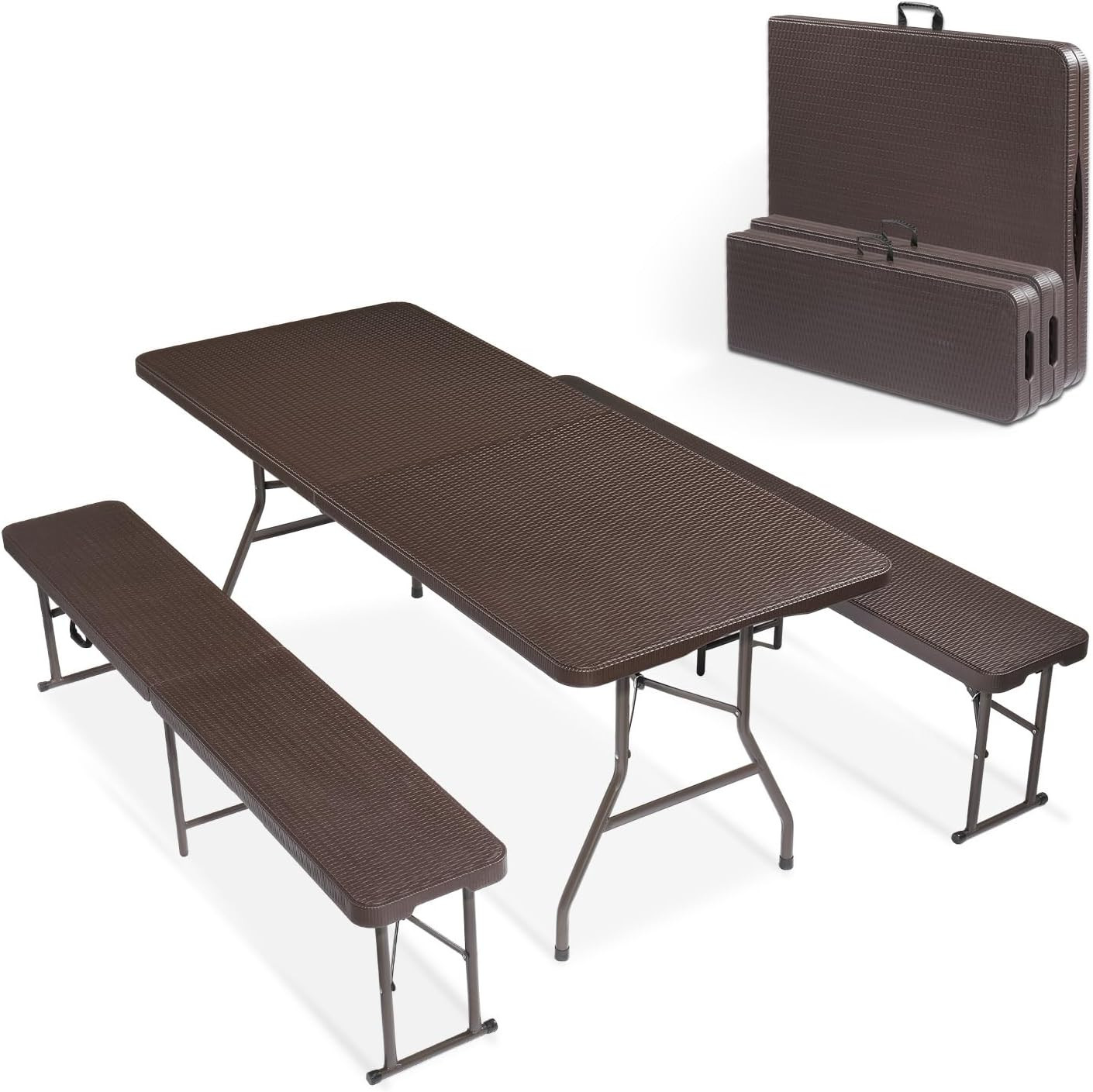 VINGLI Picnic Table Set with 2 Benches, 6 Feet Camping Table Chair Set, 3-Piece