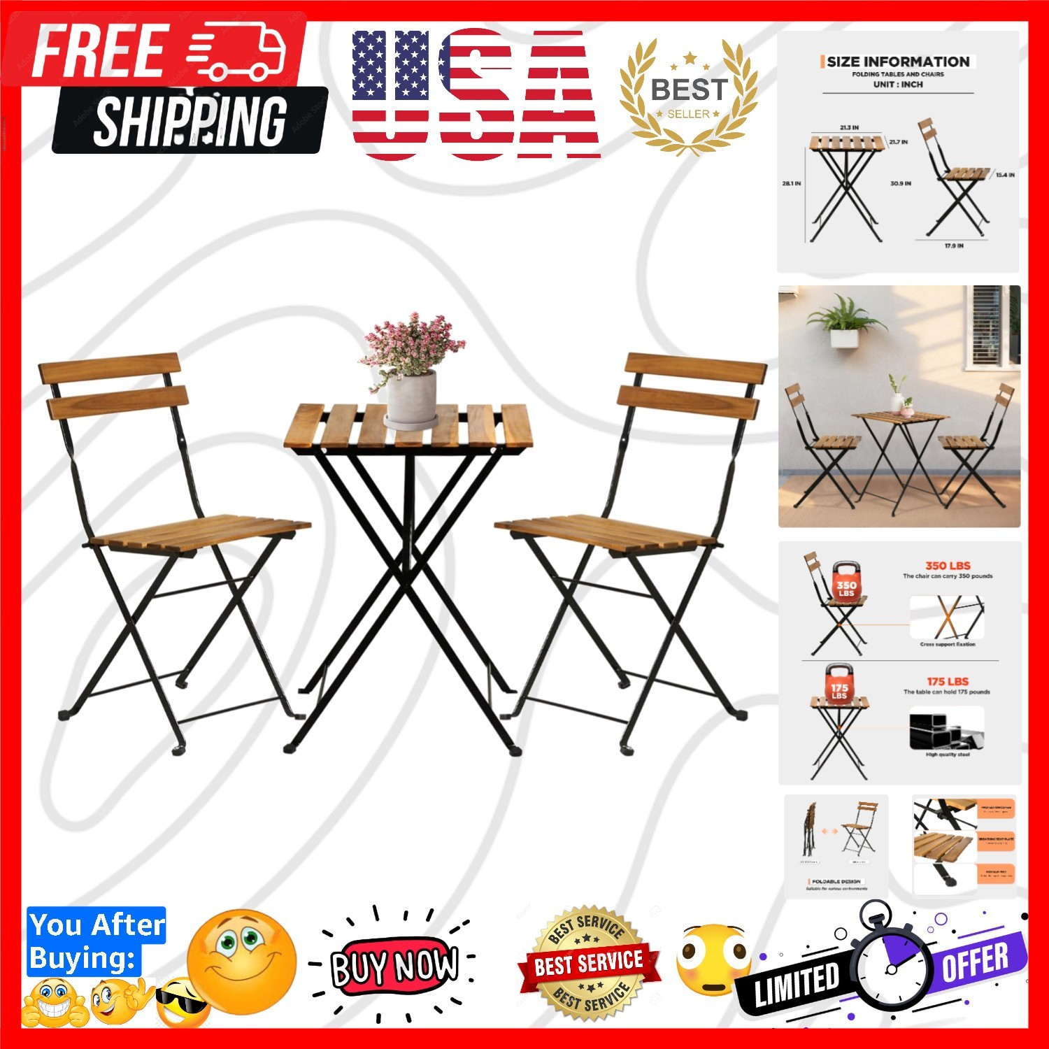 3 Pieces Folding Patio Furniture Set Bistro Set Portable Conversation Set All…