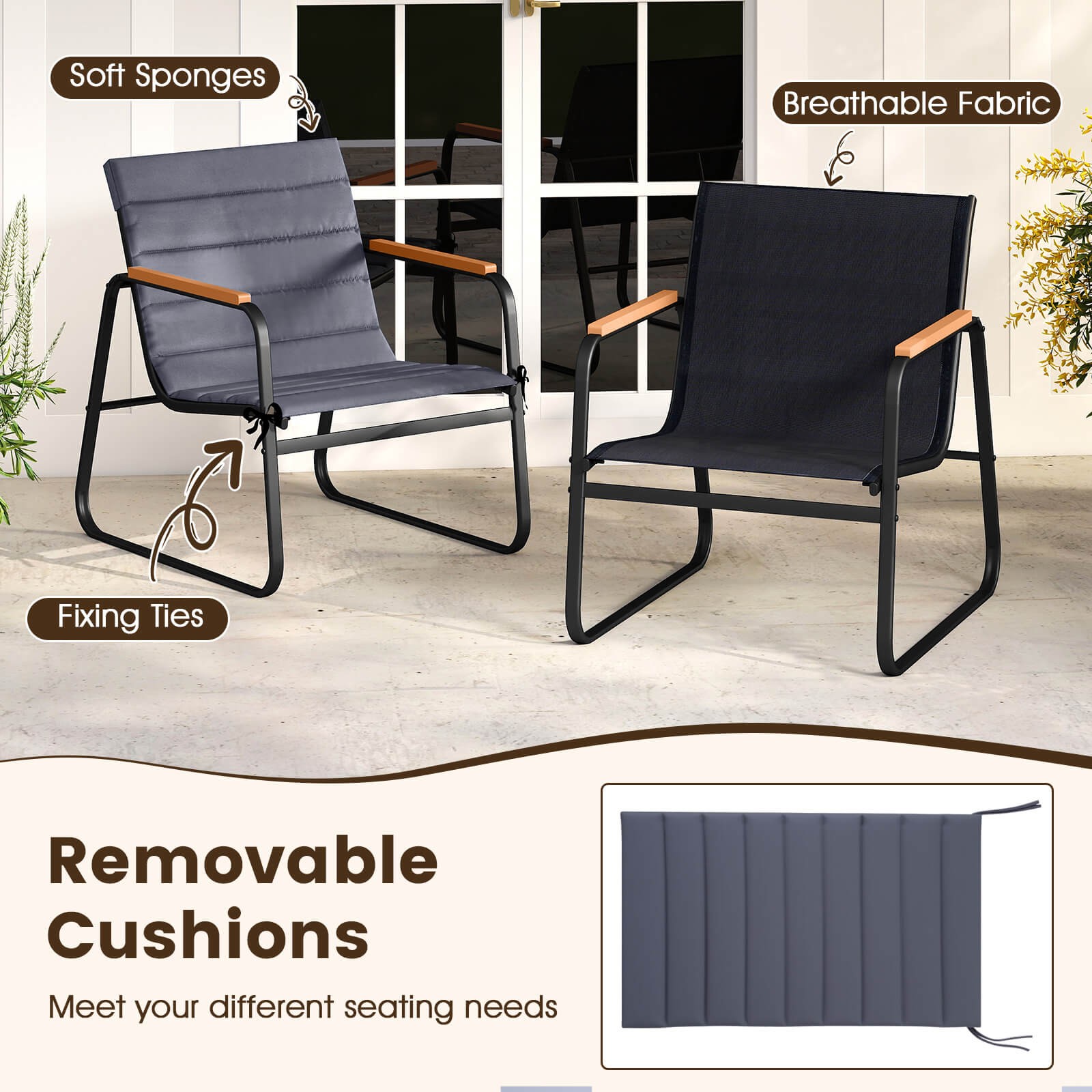 3PCS Patio Bistro Set w/Cushions & Tempered Glass Coffee Table for Lawn, Balcony