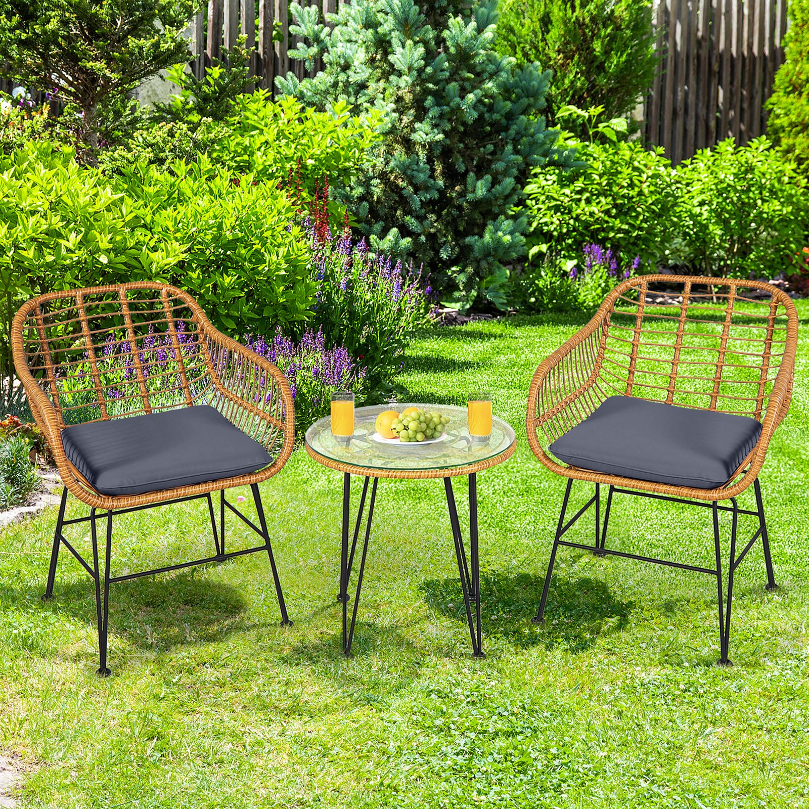 3PCS Rattan Patio Bistro Set Conversation Furniture Set w/ Grey Cushions