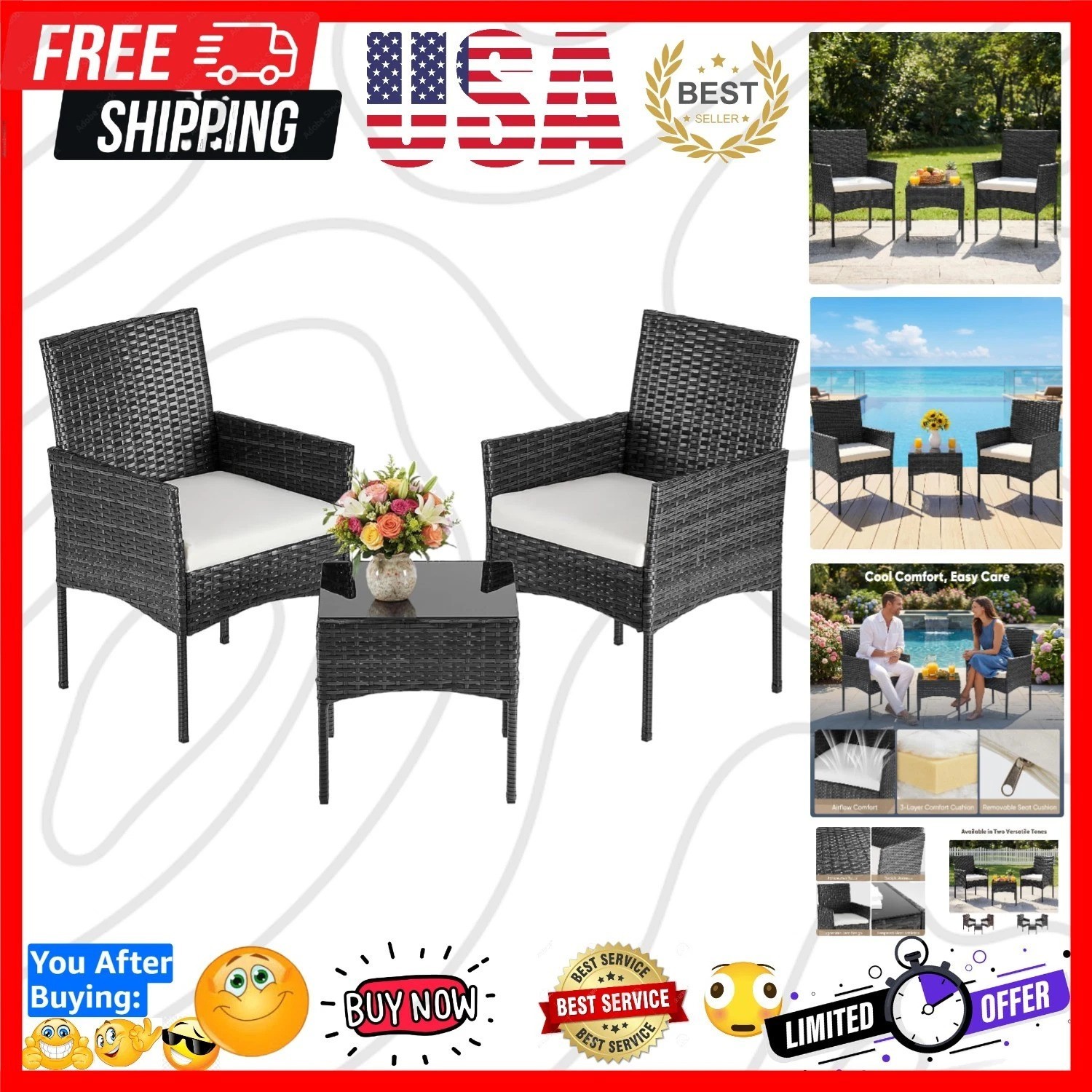 3-Piece Patio Furniture Set, All-Weather Outdoor Wicker Chairs with Removable…