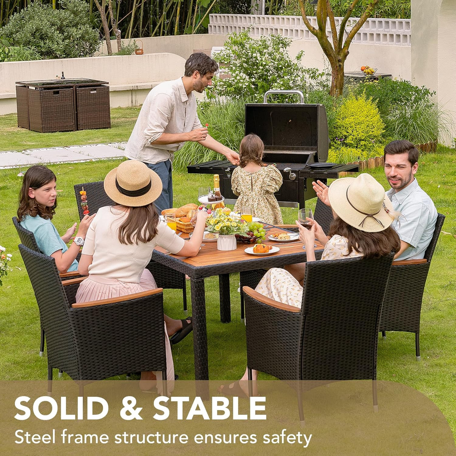 Devoko Dining 7 PCS Furniture, Patio Conversation Set with Acacia Wood Table Top