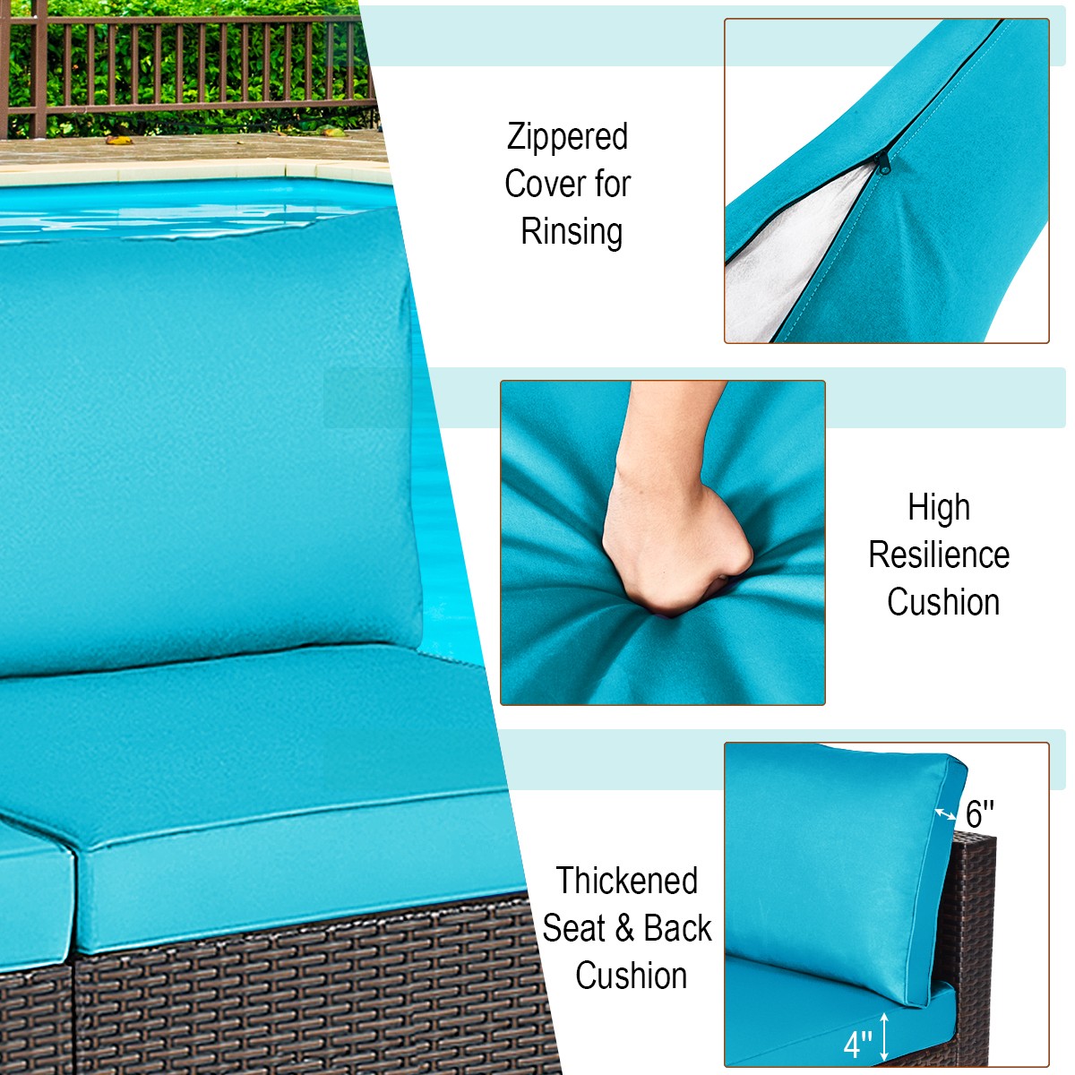 2PCS Patio Rattan Armless Sofa Sectional Furniture Conversation Set Turquoise