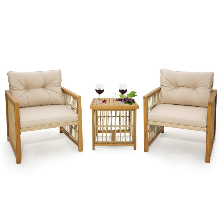 3Pcs Patio Outdoor Wicker Conversation Set Acacia Wood Frame W/ Cushions Chairs