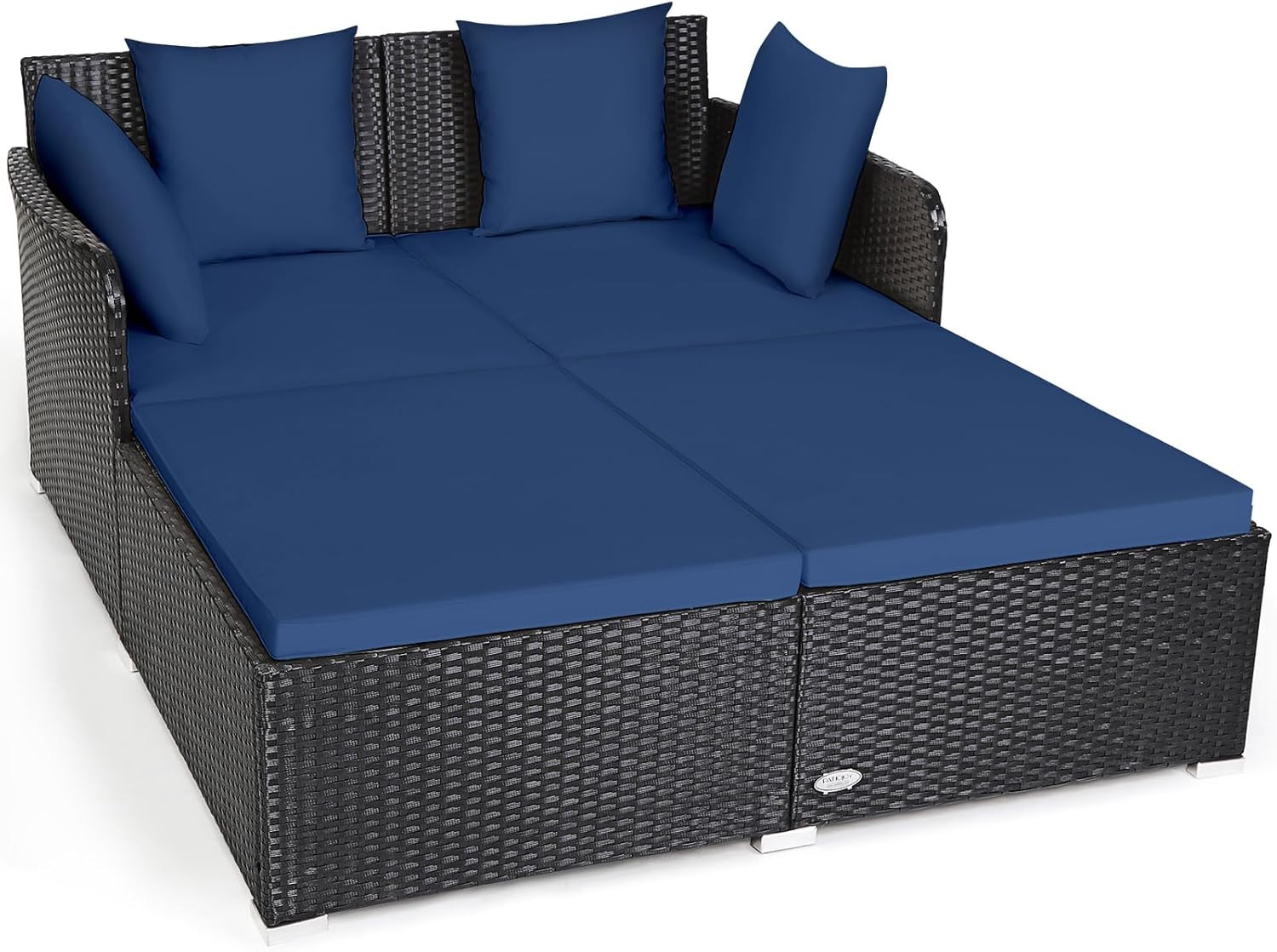 Navy Blue Rattan Outdoor Daybed with Cushions & Pillows for Relaxation