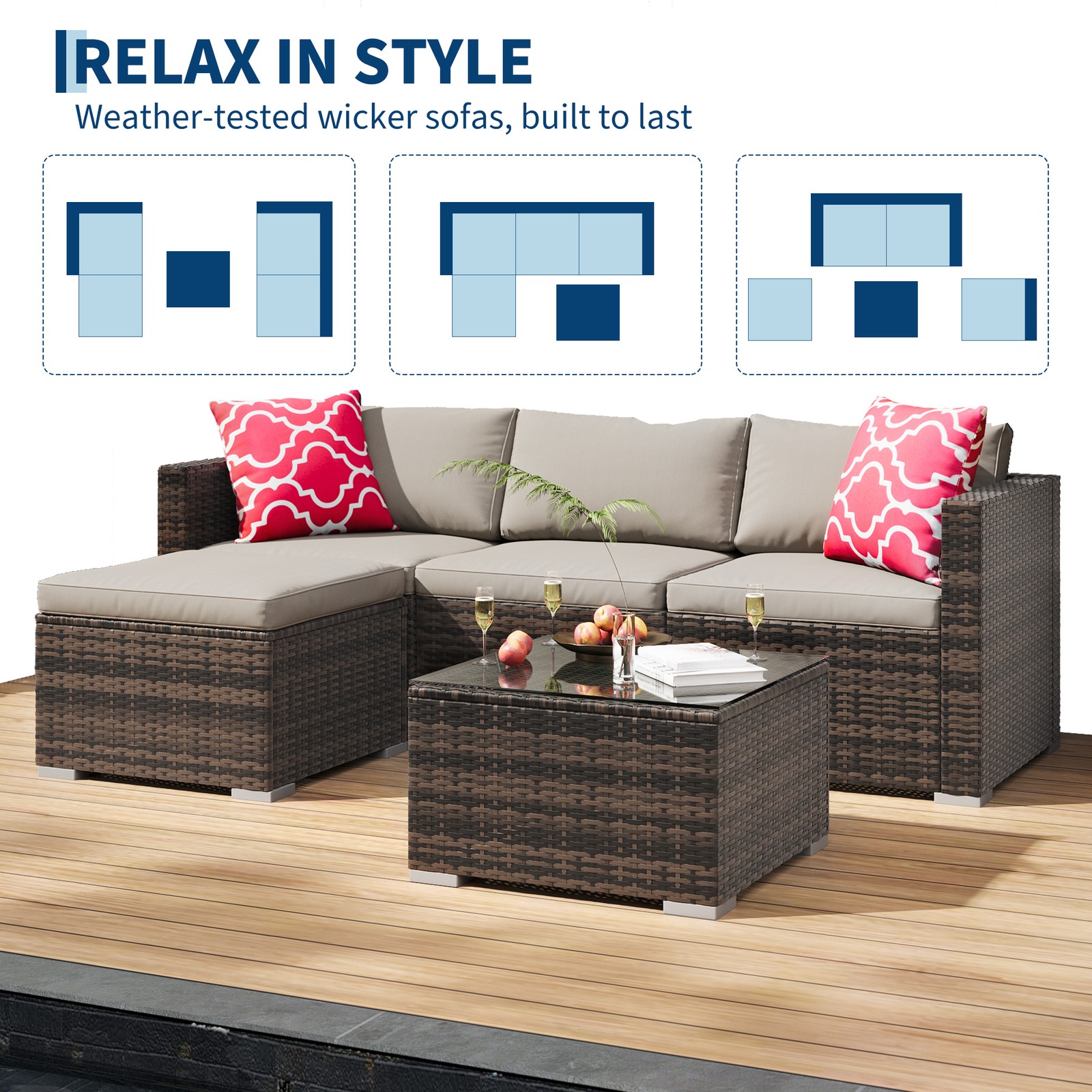 Garvee 5-Piece Outdoor Rattan Sectional Sofa w/ Storage Table & Ottoman Grey