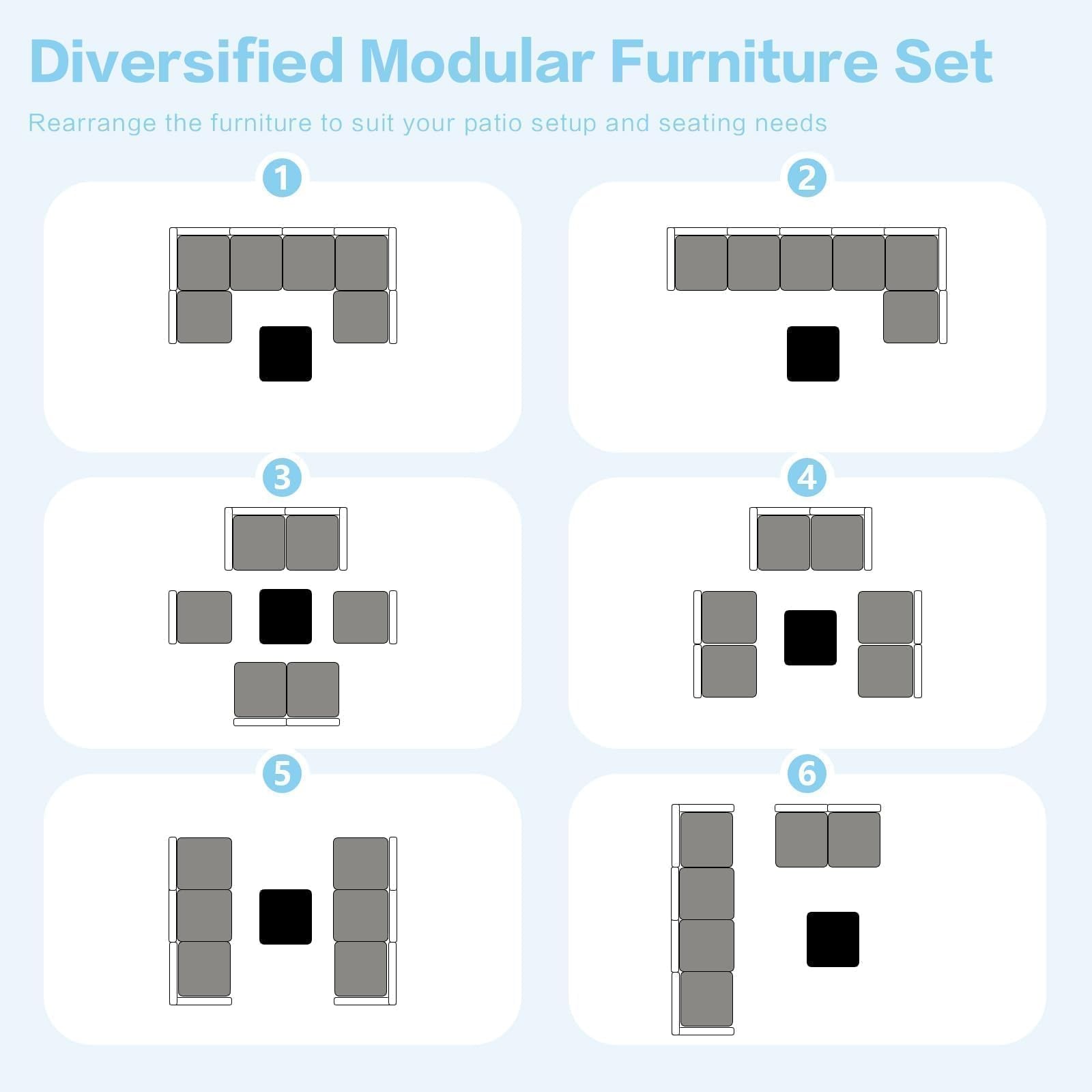 MOCHITO 7-Piece Outdoor Rattan Sectional Sofa Patio Furniture Set Gray Cushion